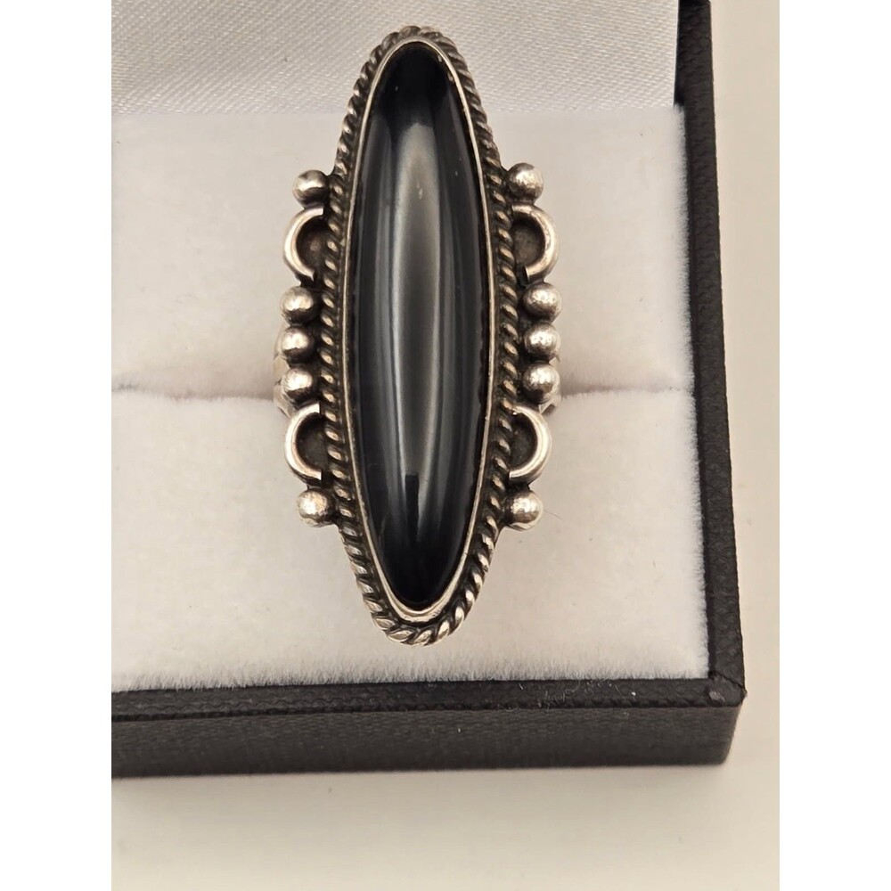 Vintage Old Pawn Silver Black Onyx Long Statement Ring Southwestern size 7